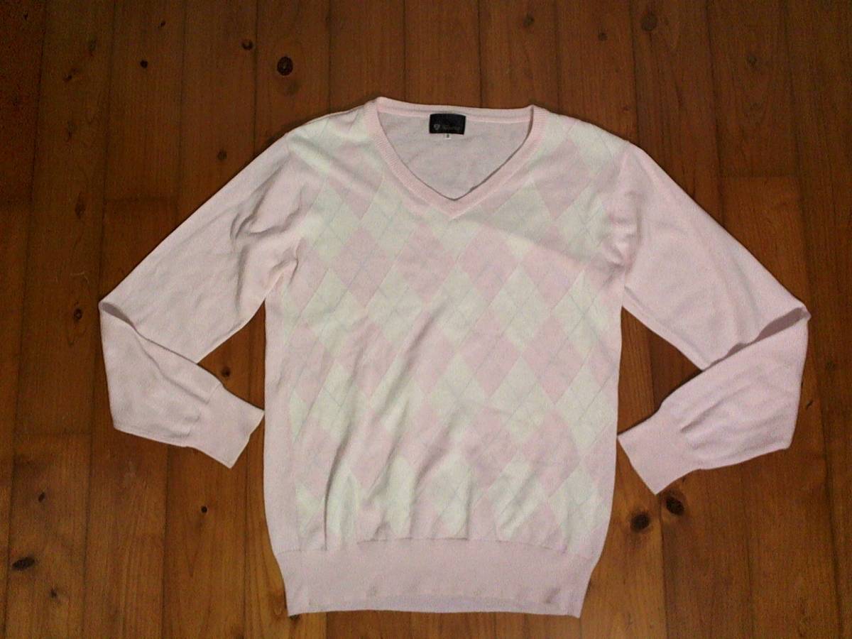 ☆【TK MIXPICE】綿とアクリル混 ニット Vネック セーター プルオーバー 2 アーガイル 白ピンク拍卖