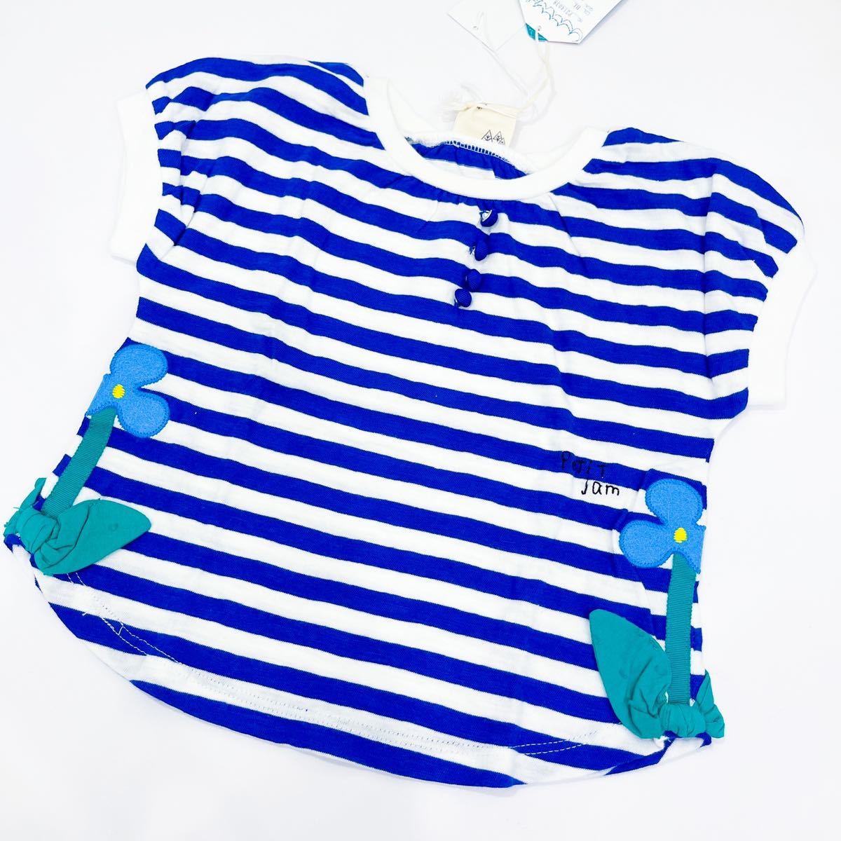 【新品未使用】petit jam プチジャム 半袖Tシャツ ボーダー ブルー 花 キッズ 90cm トップス パフスリーブ ネイビー アップリケ拍卖