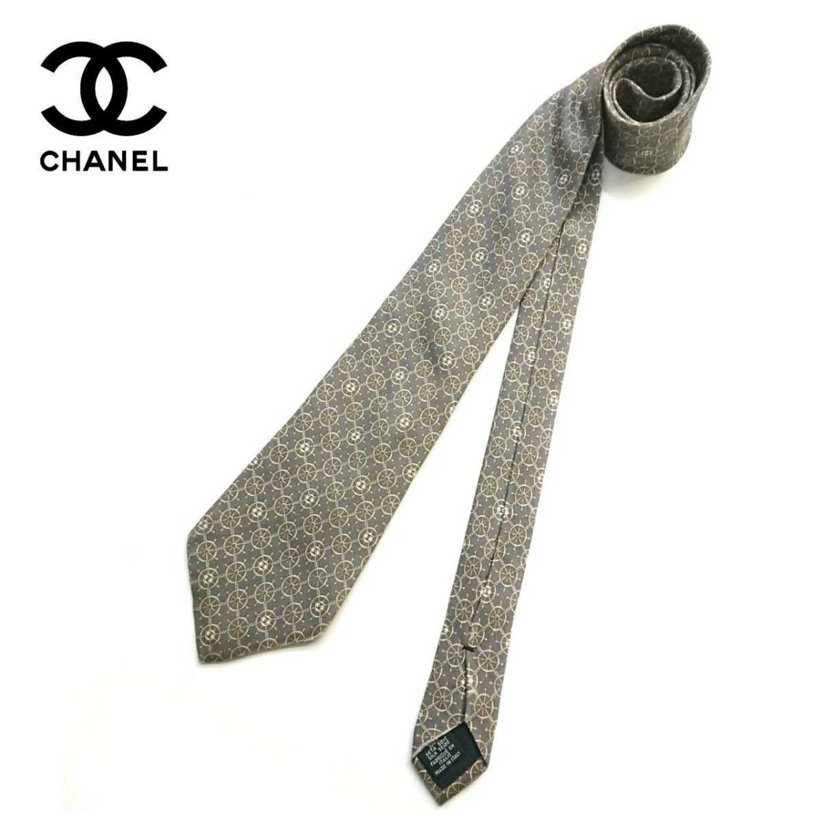 超稀少 80-90S CHANEL シャネル イタリア製 ヴィンテージ シルク100% 最高級ココマークラット(舵輪柄)プリントシルクネクタイ グレー 良品拍卖