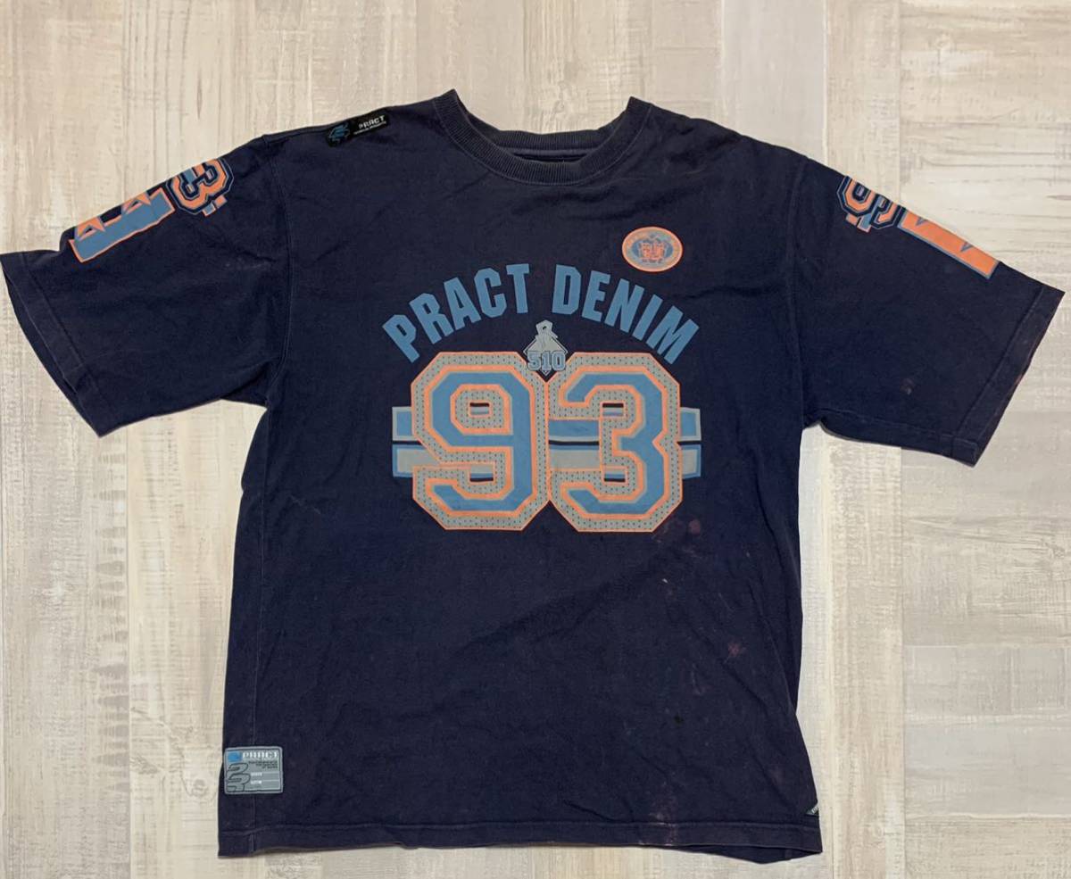 【雰囲気抜群 豪華 両面プリント】PRACT プラクト 半袖 Tシャツ スリーブ カットソー フットボール サイズL ネイビー メンズ ビンテージ拍卖