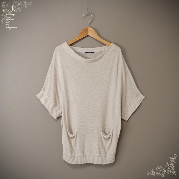 値下☆USED*SHIPS/シップス/S~M相当/リネンニットセーター/トップス/5分袖/ベージュ/カジュアル/シンプル/上品/エレガント/デイリー拍卖