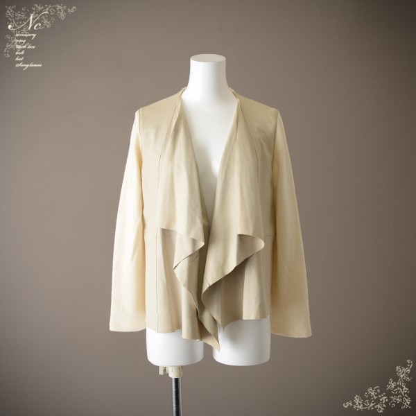 値下!美品*Raw+/ロウタス/36/S~M相当/本革/山羊革レザードッキングジャケット/カーディガン/アイボリー/フェミニン/上品拍卖