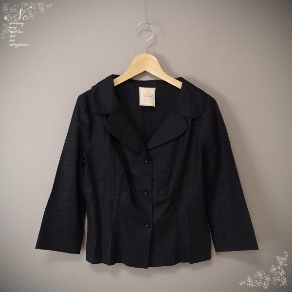美品*Sybilla/シビラ/L/リネン混コットンジャケット/上着/ブラック/黒色/シック/シンプル/上品/デイリー/通勤/お出掛け/ミセス拍卖