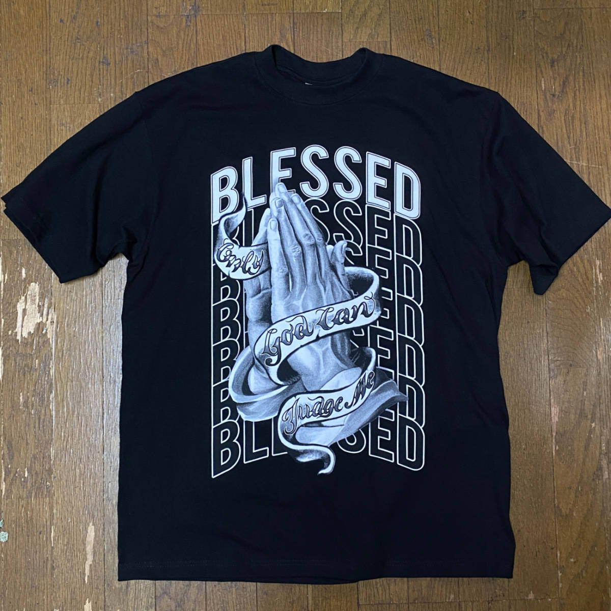 LA発【L】BLESSED PRAY 祈り グラフィック 半袖 ヘビーウェイト Tシャツ 黒 ウェストコースト 西海岸 チカーノ ローライダー 拍卖