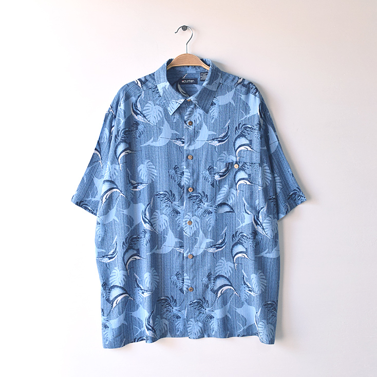 【送料無料】ピューリタン レーヨン アロハシャツ ハワイアンシャツ カジキマグロ柄 総柄 メンズL puritan ヴィンテージ 古着CB0487拍卖