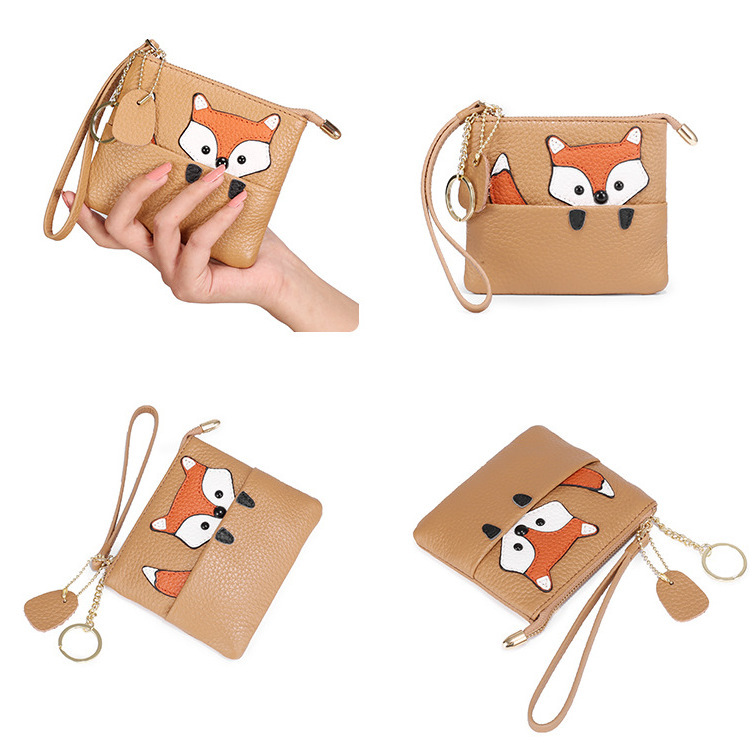 新品 高品質 小銭入れ カード入れ ミニ財布 ブラウン色 コインケース 可愛いキツネ 本革 手持つ 無地 薄型 レディース拍卖