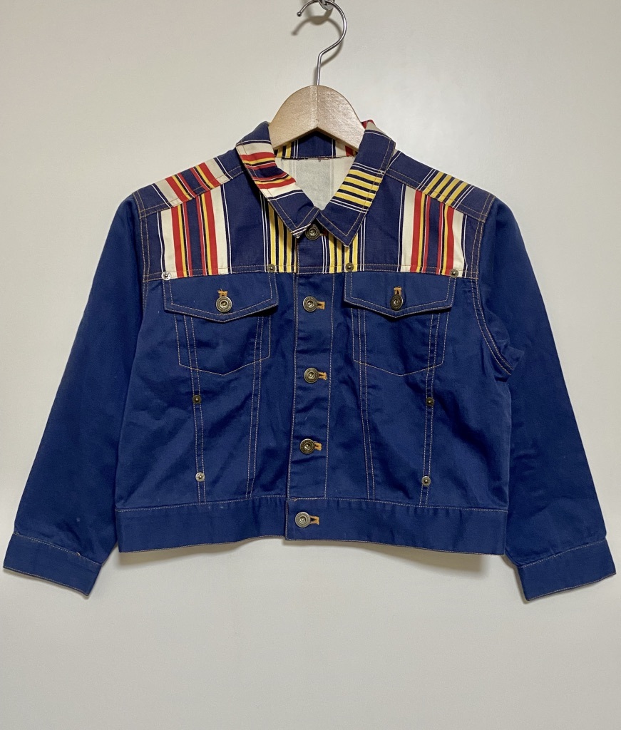 キッズ古着 マルチストライプ トラッカージャケット Gジャン コットンツイル ネイビー 紺色 レトロ 男の子 女の子 アメカジ ライトアウター拍卖
