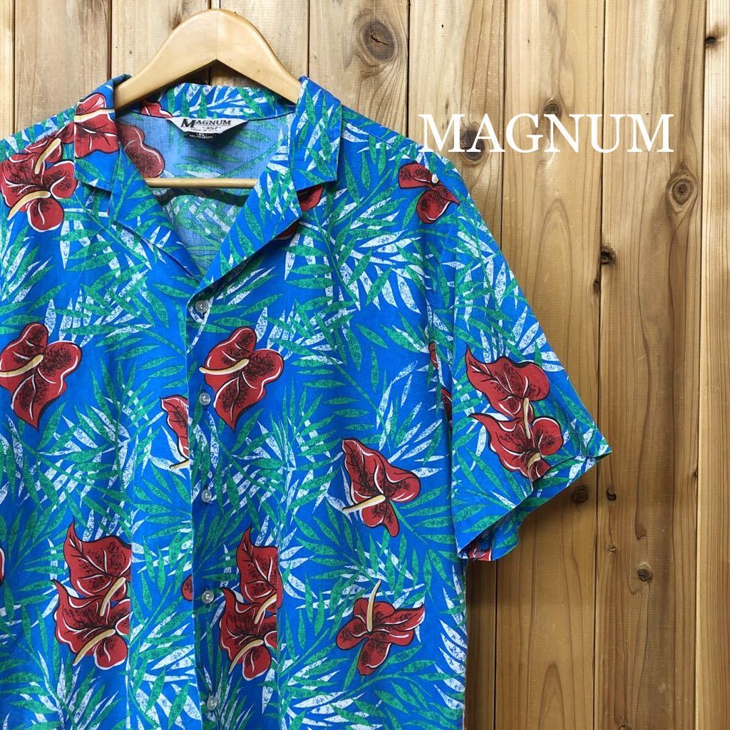 【USA製】MAGNUM/メンズ XL アロハシャツ 開襟シャツ 半袖 コットン×ポリエステル 総柄 アニマルプリント ボタニカル アメカジ USA古着拍卖