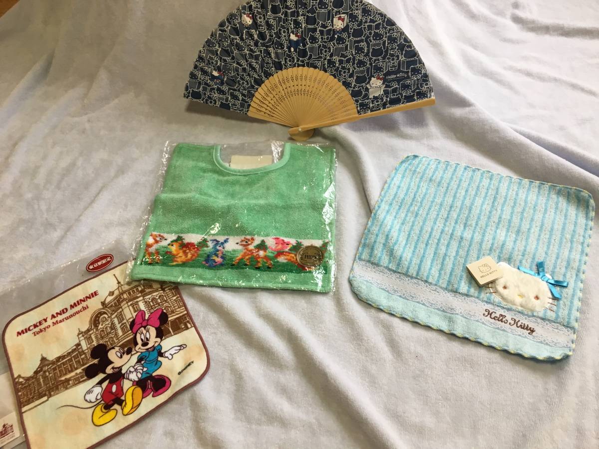 未開封未使用フェイラ-あぶさん(本体:約29cm角)&銀ラメ/刺繍入キティタオルハンカチ約25cm角&東京駅100周年記念ミッキ-約20cm角&キティ扇子拍卖