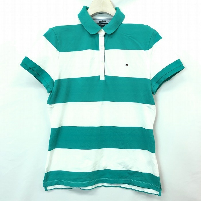 TOMMY HILFIGER トミーヒルフィガー L レディース 女性 ポロシャツ 鹿の子 ストレッチ ワンポイントロゴ刺繍 半袖 エメラルドグリーン 緑系拍卖