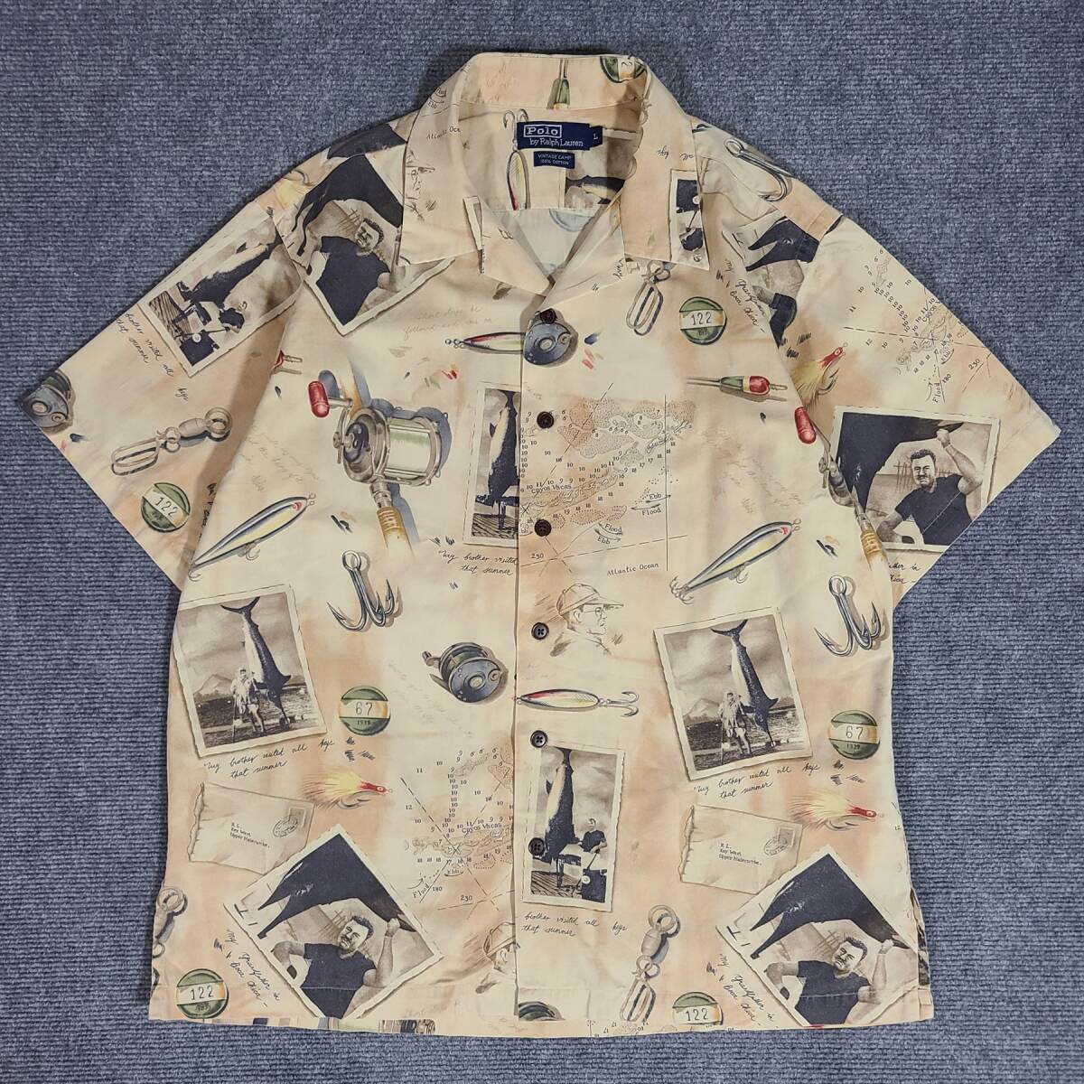 レア 良好 90S クリーニング済 ポロ ラルフローレン VINTAGE CAMP ヘミングウェイ オープンカラーシャツ 半袖シャツ 釣り柄 総柄拍卖