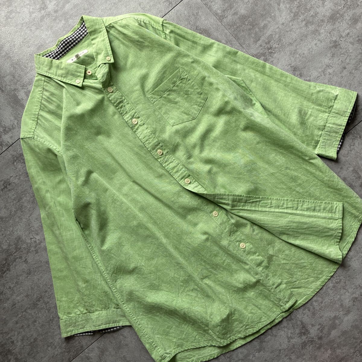 【美品・XL】夏を纏う淡い緑 THE SHOP TK タケオキクチ リネン混 七分袖 シャツ ロールアップ ギンガムチェック メンズ グリーン LL拍卖