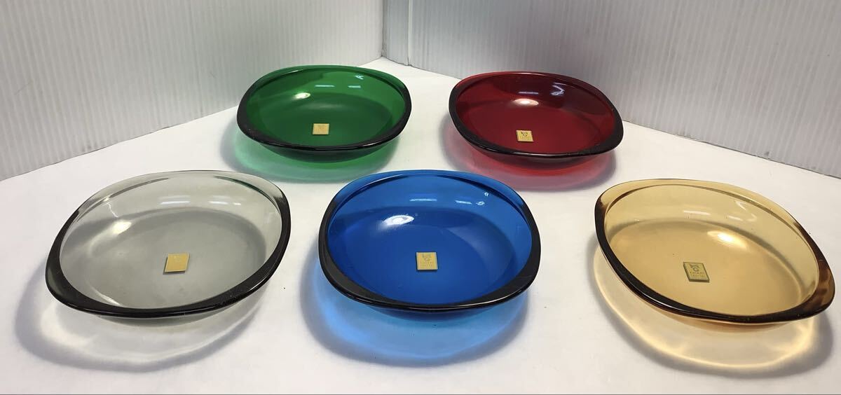 カガミクリスタル KAGAMI CRYSTAL ハイカラーセット 取り皿 小皿 取り分け皿 デザート皿 プレート カラフル 硝子製 四角 スクエア 保管品拍卖
