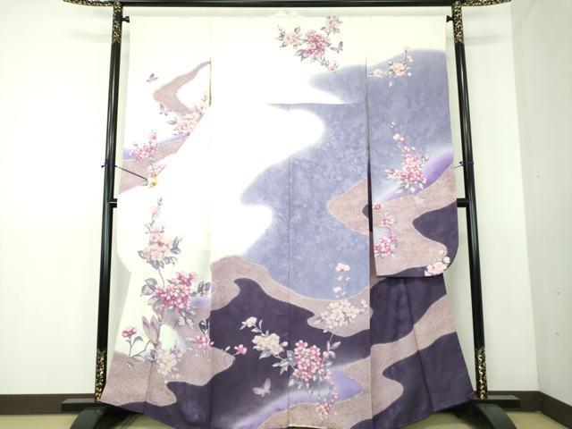 平和屋着物●森英恵・HANAE MORI 振袖 流水舞蝶花文 暈し染め 金彩 金通し地 正絹 逸品 DABG8240ps拍卖