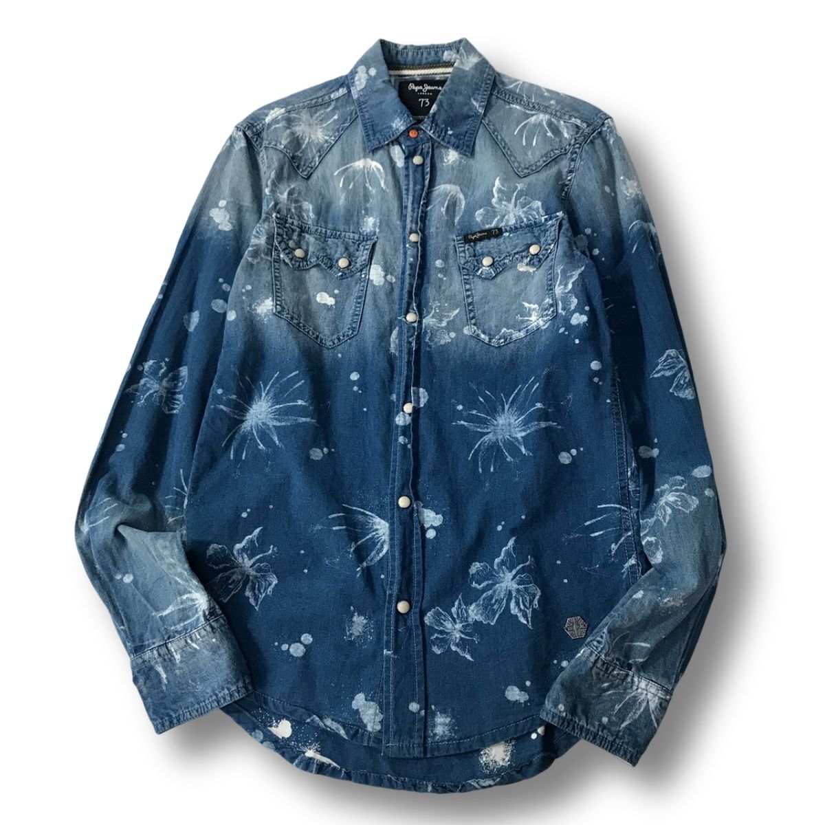 《良品◎》Pepe Jeans ペペジーンズ★色あせ加工*総柄*ウエスタンシャツ*インディゴブルー*サイズXS(MA12164)◆S60拍卖