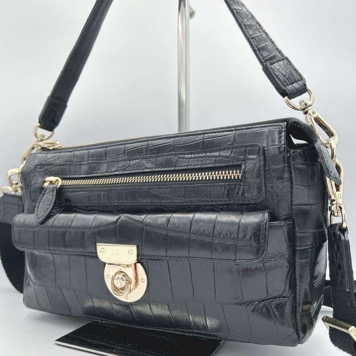 定価53万!!!最高級クロコダイル!!!【falchi ファルチ】2way ショルダーバッグ ハンド ブラック レディース ゴールド金具 ターンロック 黒拍卖