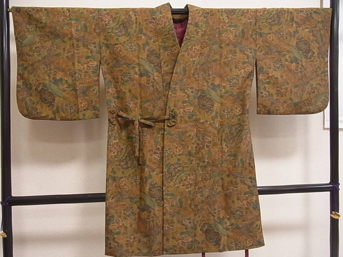 着物おきな2★道中着 ロング丈 草花文 洗える着物 ポリエステル 美品★r2332拍卖