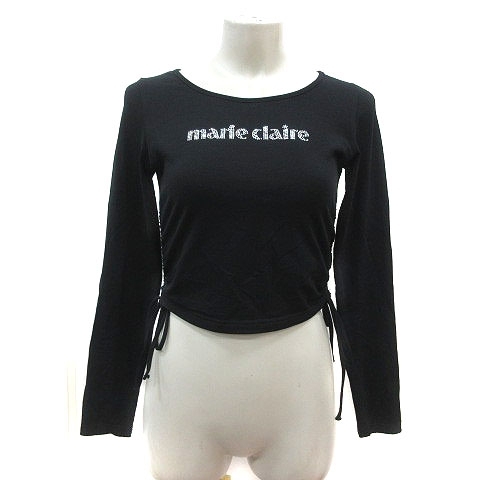 マリクレール MARIE CLAIRE Tシャツ カットソー シャーリング 短丈 スパンコール 長袖 F 黒 ブラック /MS レディース拍卖