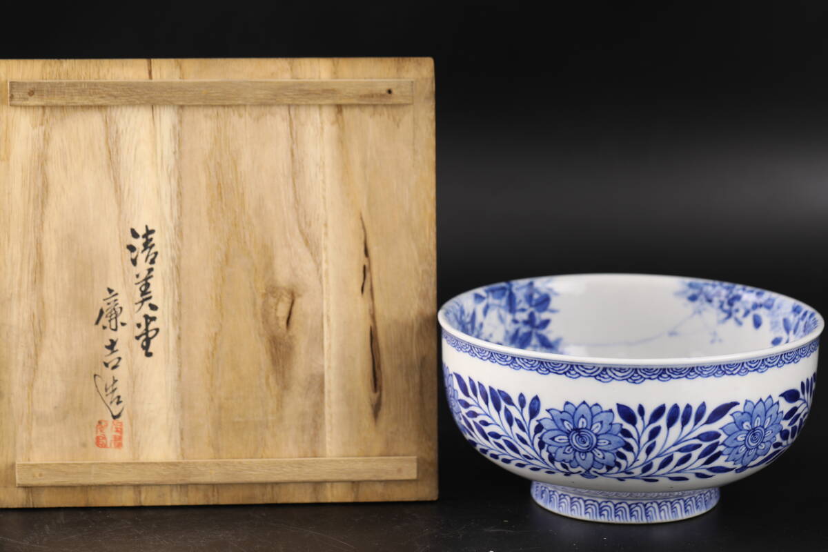 【京蔵】 瀬戸焼 青美堂 加藤廉吉作 染付秋草図 菓子鉢 菓子器 青花鉢 盛鉢 鉢 茶道具 共箱 在銘 骨董品 古美術 時代古玩 時代物拍卖