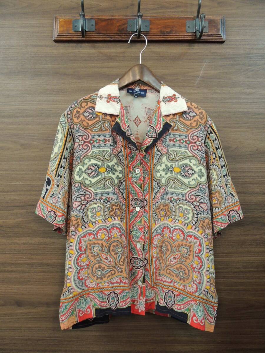 ◆美品 VINTAGE ETRO ビンテージ エトロ イタリア製 シルク 100% ボックス オープンカラー 開襟 半袖 シャツ ブラウス レディース 44サイズ拍卖