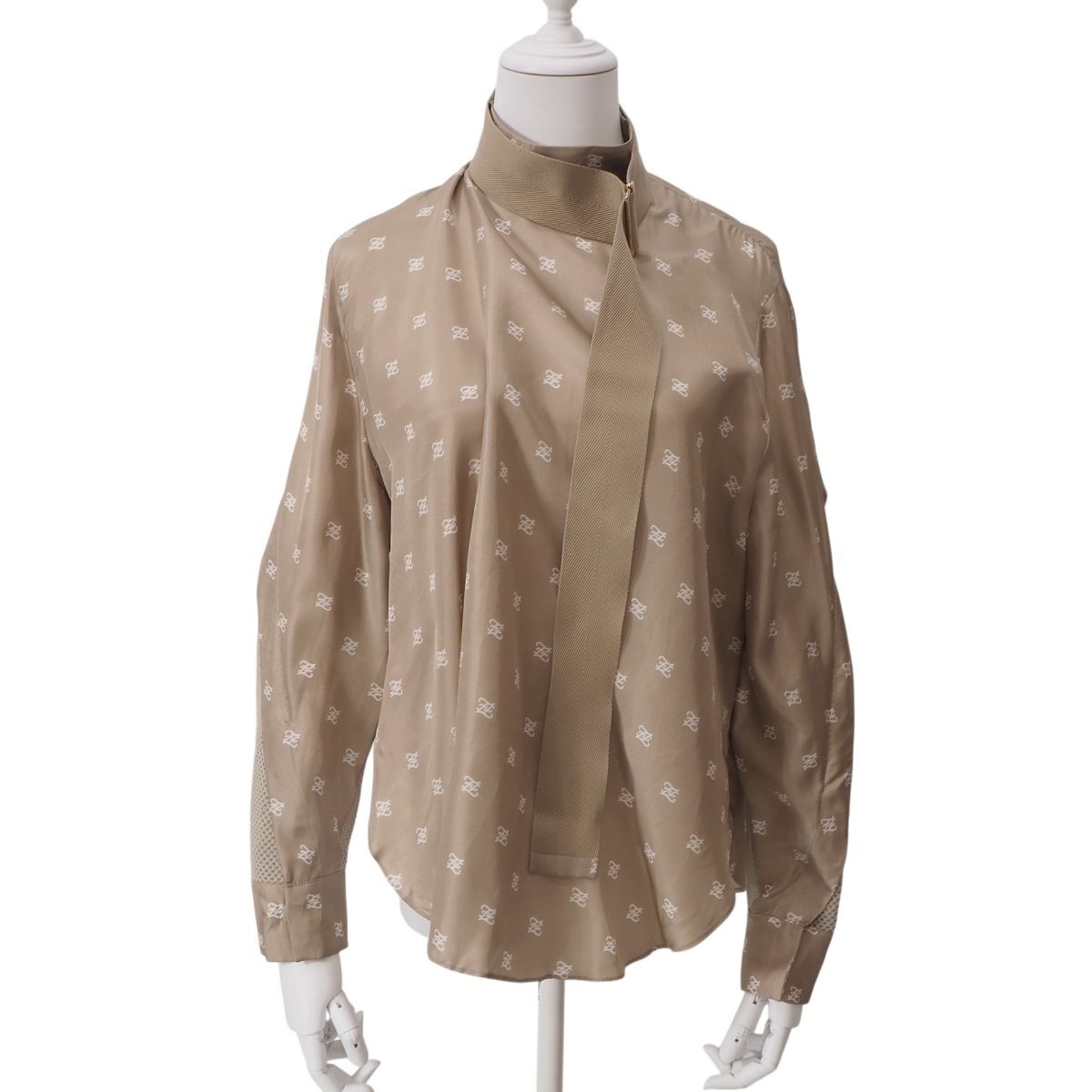 6-AG045 フェンディ FENDI FF柄 Silk Belted Jacket シルク ベルテッド ジャケット ブラウス シャンパンゴールド 38 レディース拍卖