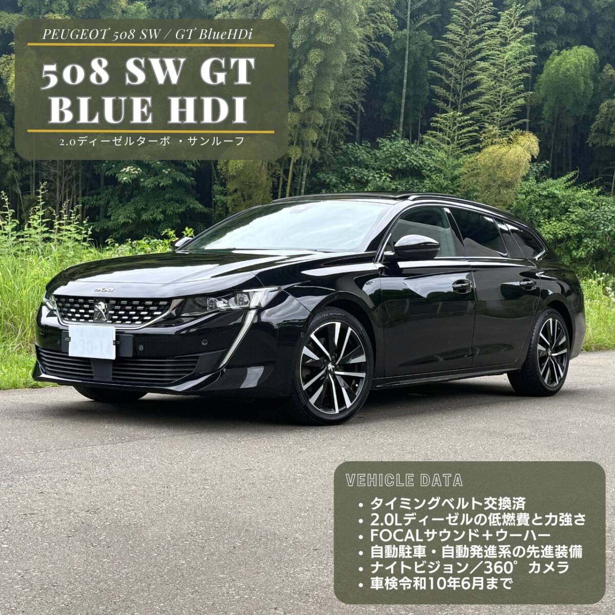 【タイベル交換済み!】車検令和10年6月迄・R2 508SW GT BlueHDi・ワンオーナー・黒革・サンルーフ・ナイトビジョン・FOCAL・360°カメラ拍卖