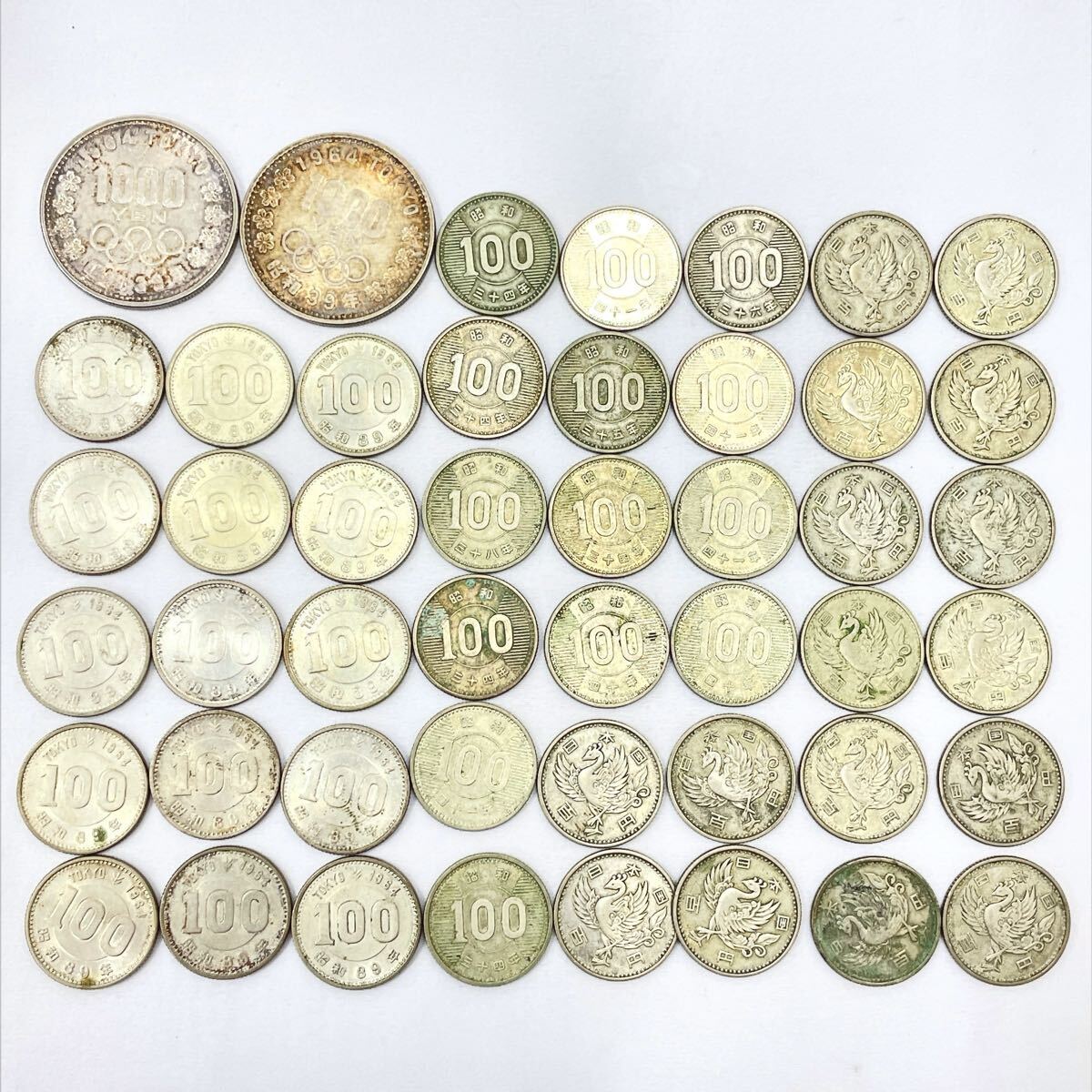 2220621 東京オリンピック 1000円銀貨 2点/100円銀貨 稲穂 14点 オリンピック 15点 鳳凰 16点/合計47点 額面6500円 記念硬貨 コレクション拍卖