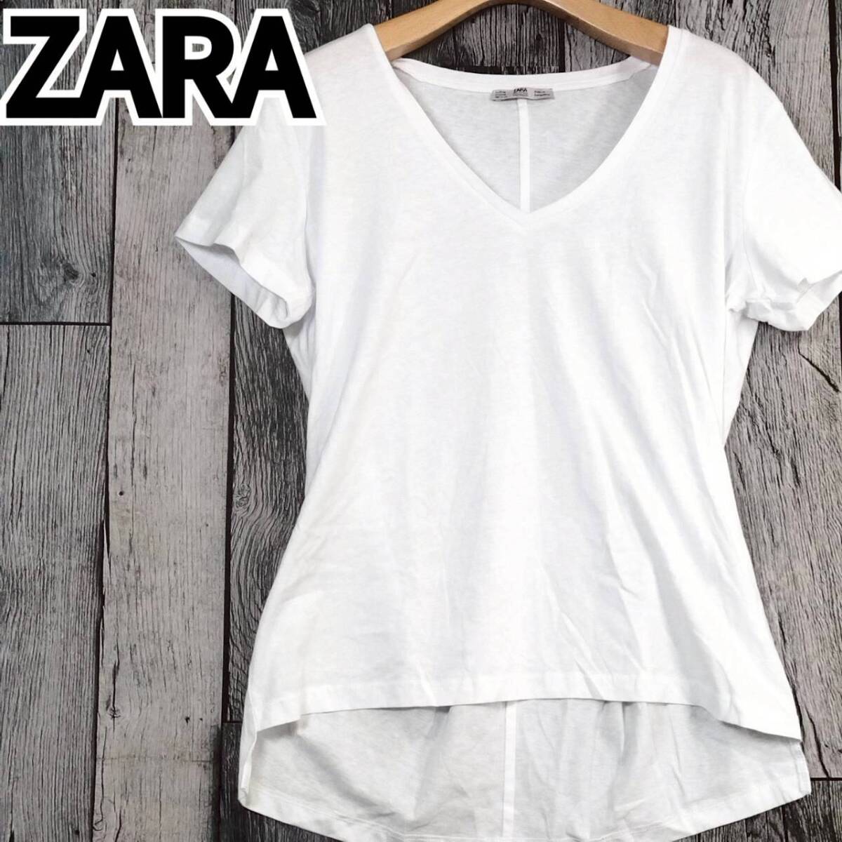 美品 ZARA ザラ Vネック 半袖カットソー レディース ホワイト M 綿100% バックロング 前後差 ゆったり 無地 シンプル 春夏 白 Tシャツ拍卖