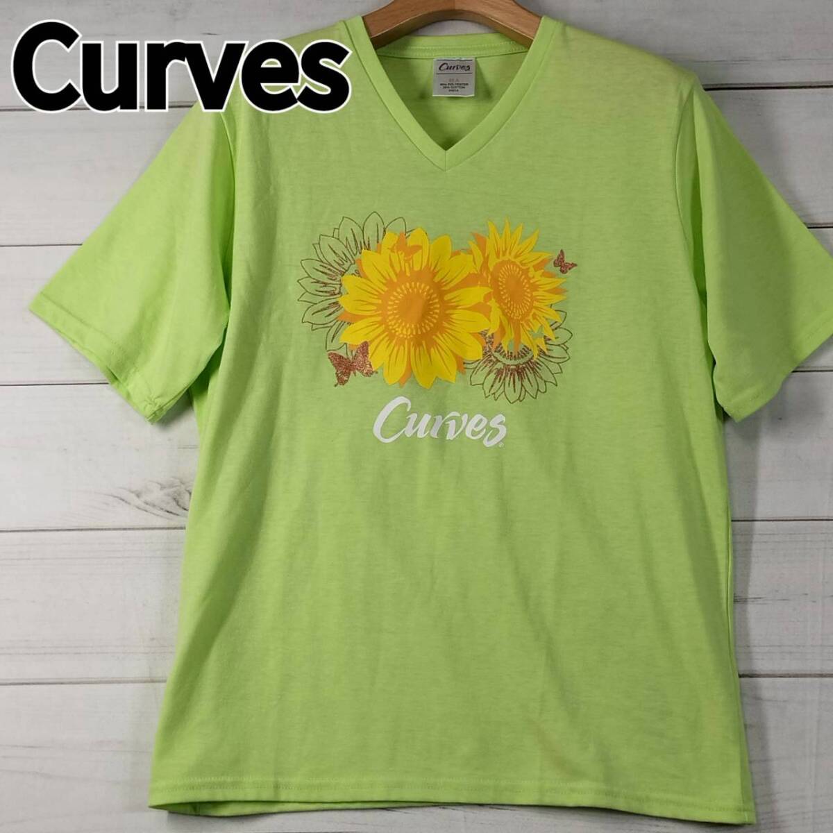 美品 Curves カーブス レディース 半袖Tシャツ Vネック ひまわり 花柄 フラワープリント フィットネス スポーツ ライムグリーン MA M 相当拍卖