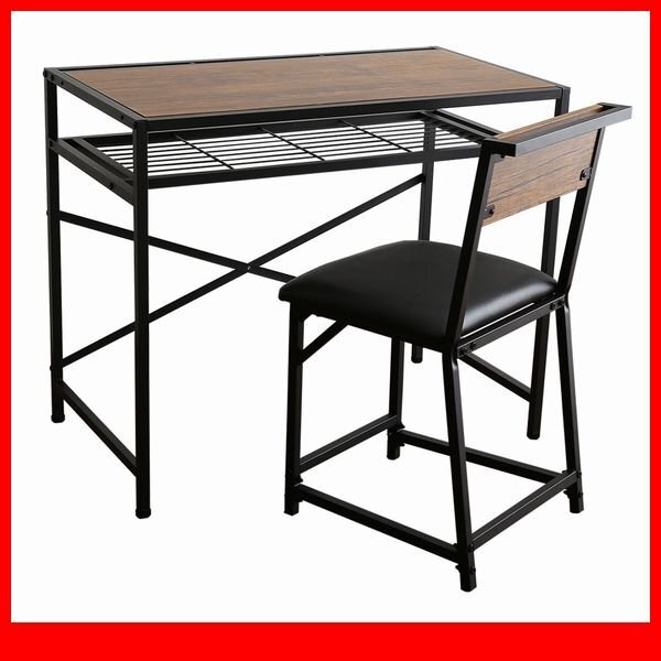 デスク★新品/ヴィンテージ風コンパクトデスク&チェア 2点セット/幅90cm コンパクト 収納棚付き 頑丈/ウォールナット/a3拍卖