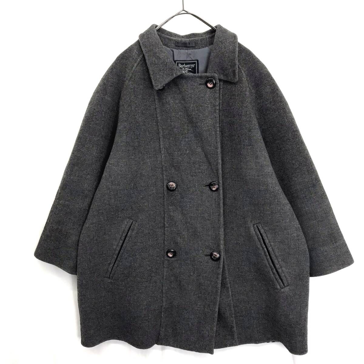 NZ2775●BURBERRY’S : 80s カシミヤ混ウールコート●13号●グレー ノバチェック ダブル 美品 三陽商会 バーバリーズ拍卖