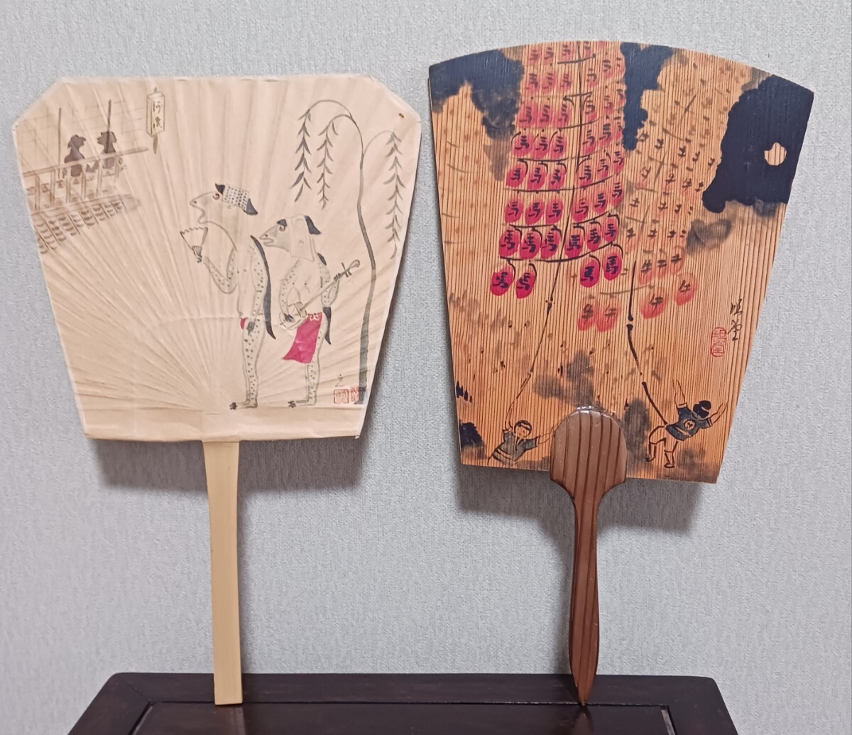 レトロな団扇 浮世絵風 河童の絵和紙と祭りの絵秋田杉 伝統工芸品 拍卖
