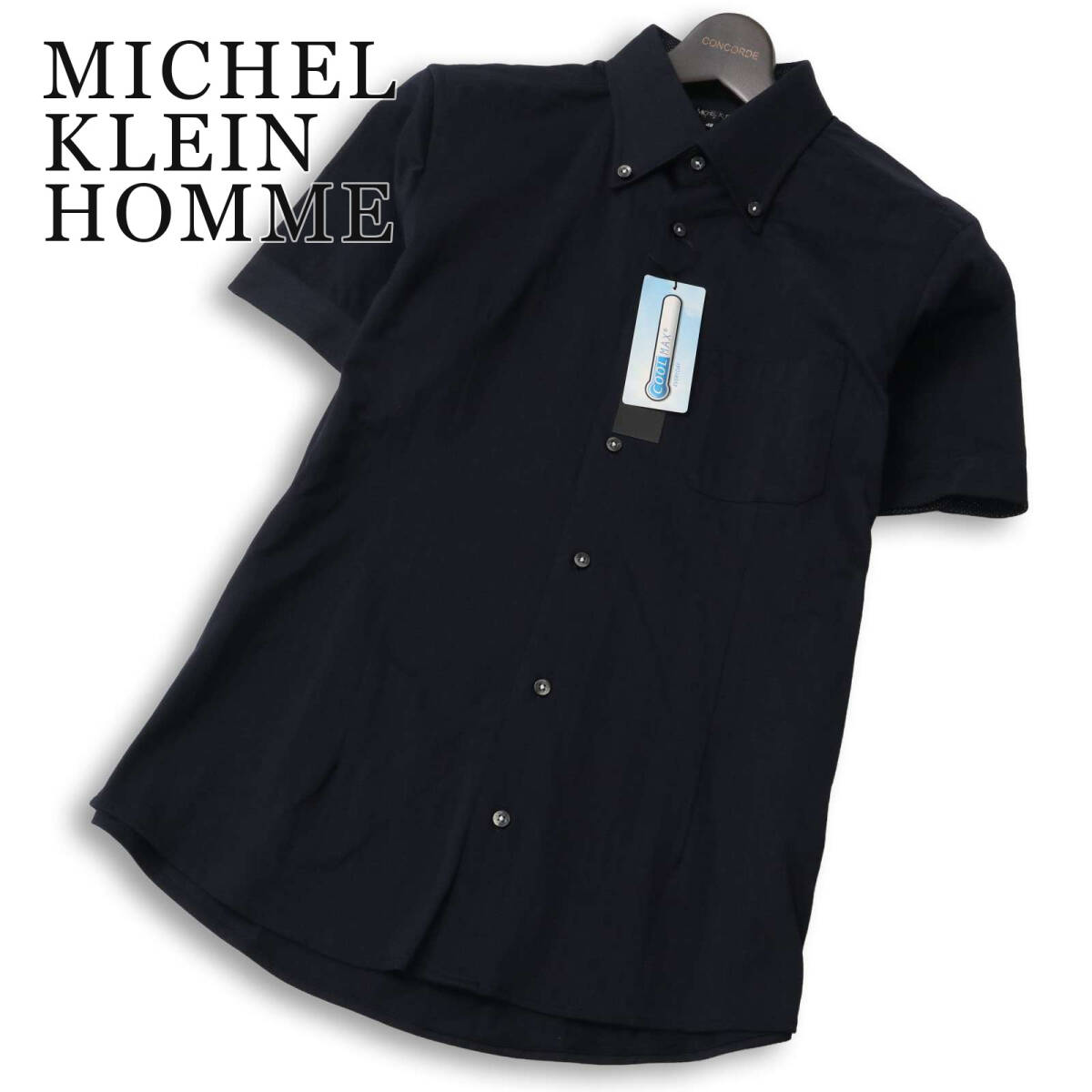【新品 未使用】 MICHEL KLEIN HOMME ミッシェルクラン オム COOLMAX★ 半袖 ボタンダウン スリム シャツ Sz.48 メンズ 紺拍卖