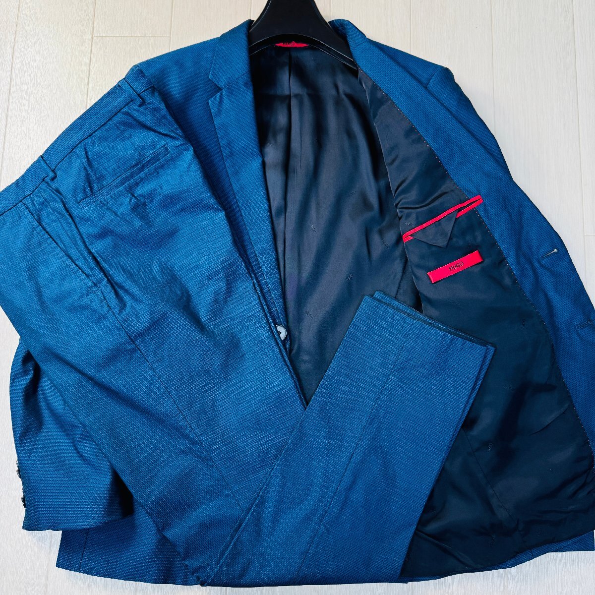 美品/46 M相当●ヒューゴボス HUGO BOSS 織柄 カジュアル セットアップ スーツ ジャケット テーラード パンツ スラックス メンズ 青拍卖