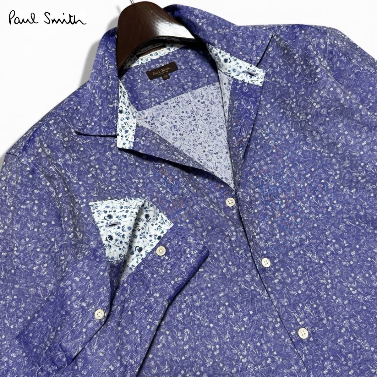 極美品!!最高峰ライン!!鮮やかなブルーボタニカル!! Paul Smith COLLECTION ポールスミス コレクション 長袖シャツ 花柄 XLサイズ 日本製拍卖