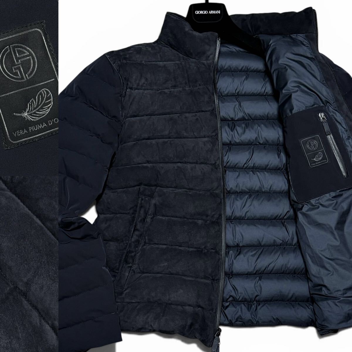 定価150万!最高峰ゴートスエード×グースダウン GIORGIO ARMANI ジョルジオアルマーニ ハイブリッドダウンジャケット レザー切替 50 黒タグ拍卖