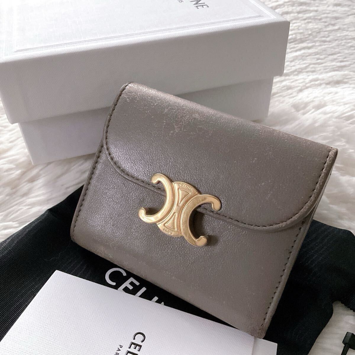 ☆正規品/付属品完備☆CELINE セリーヌ 三つ折り財布 コンパクトウォレット スモールフラップウォレット トリオンフ レザー グレー 美品 金拍卖