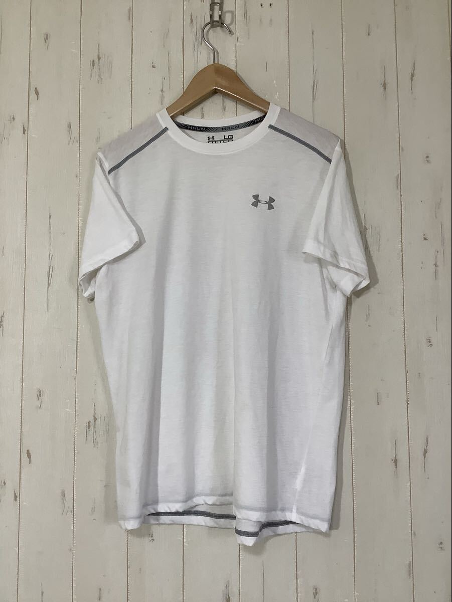 ふ1987 UNDER ARMOUR アンダーアーマー UA STREKER SS メッシュ 半袖ランニングTシャツ LG ホワイト ロゴプリント FITTED ヒートギア拍卖