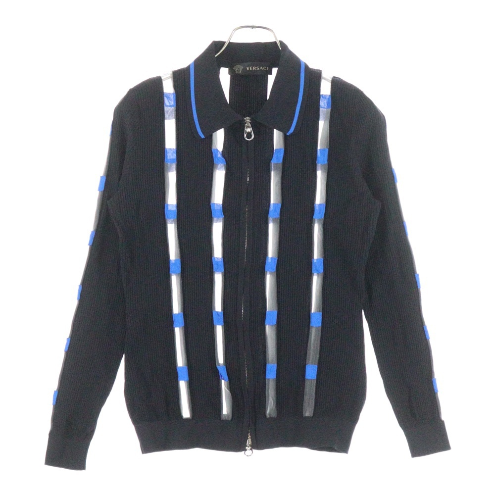 VERSACE ヴェルサーチ メデューサ シースルー切り替え ナイロンニット ジップアップ ジャケット ネイビー/ブルー A75714拍卖