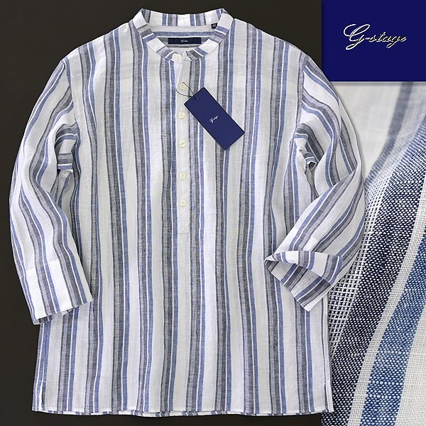 新品 ジーステージ リネン ストライプ 七分袖 立襟 カプリ シャツ 46(M) 白 青 紺 【5-40611_1_46】 春夏 プルオーバー バンドカラー 麻拍卖