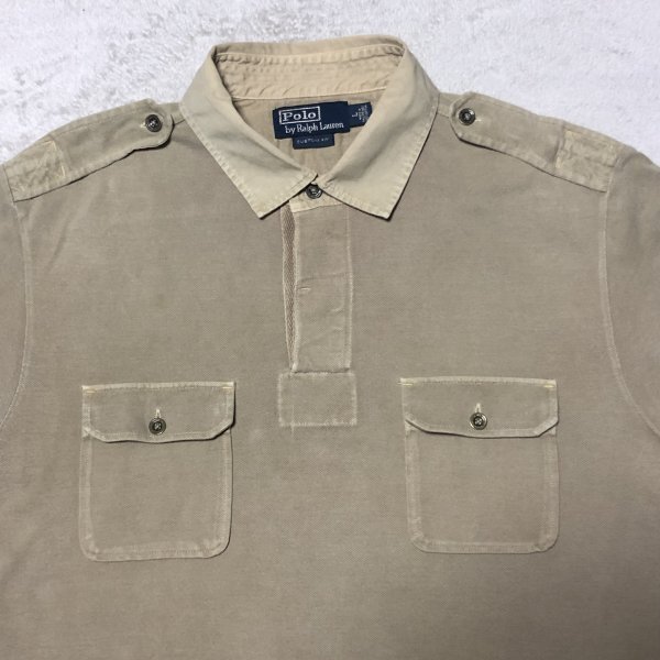 POLO BY RALPH LAUREN ポロ バイ ラルフローレン半袖ポロシャツ Wポケット エポレット ミリタリー ベージュ系 カスタムフィット Lサイズ拍卖
