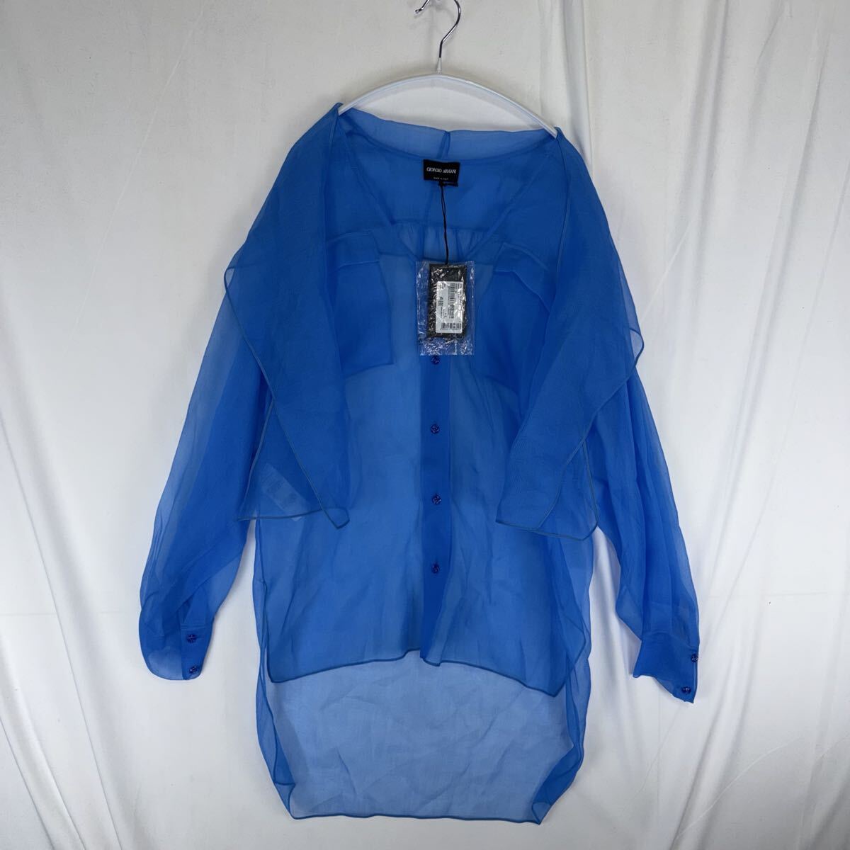 新品 GIORGIO ARMANI 2024FW Silk-organza shirt アルマーニ シルク100 シースルー オーガンジー ブルー 青 長袖 ブラウス シャツ 40 現行拍卖