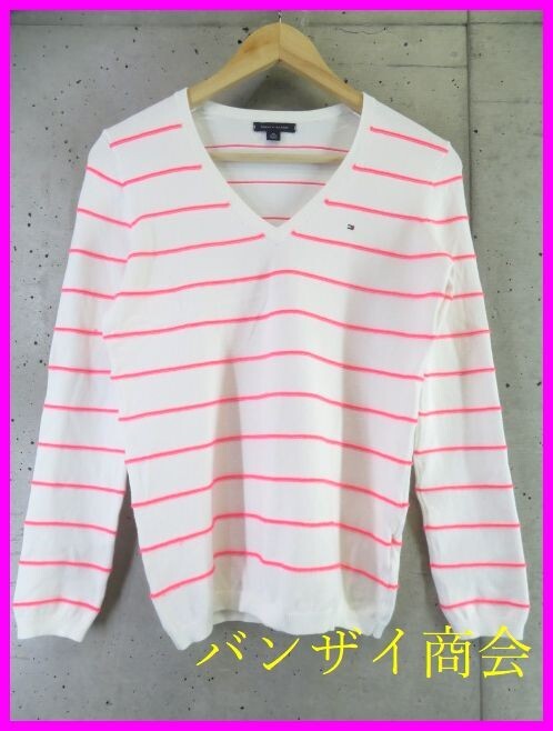 【送料300円可】07b353◆良品◆TOMMY HILFIGER トミーヒルフィガー ボーダー柄 コットンニットシャツ XS/セーター/ジャケット/レディース拍卖
