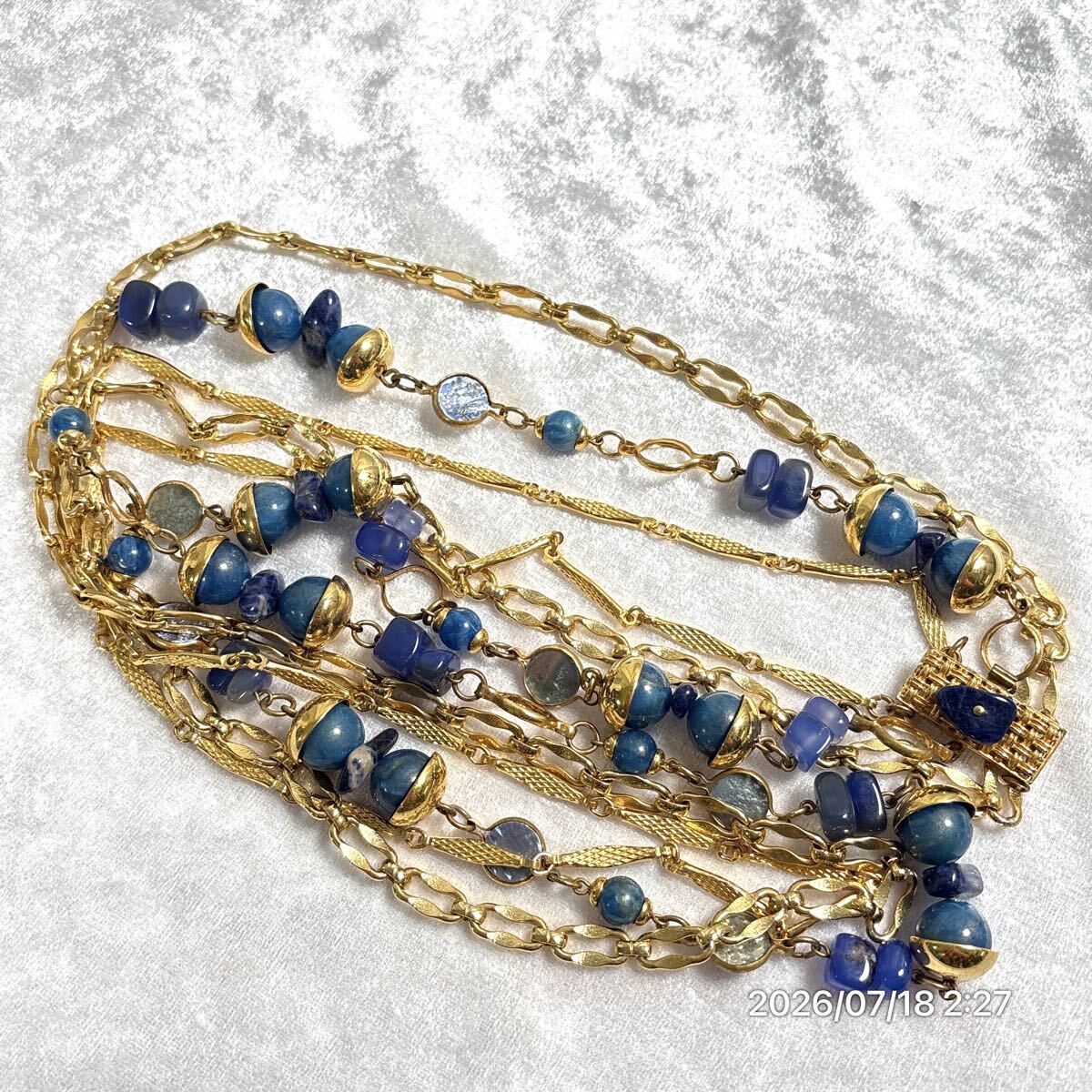 豪華 vintage NINA RICCI ニナリッチ カラーストーン 色石 天然石 3連ロングチェーン ネックレス アクセサリー ゴールドカラー拍卖
