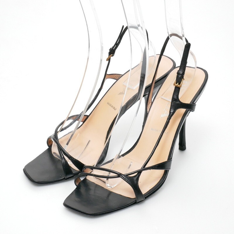 MJ4764*イタリア製 PRADA プラダ Size 39 レザー クロスストラップサンダル スリングバックミュール スクエアトゥ 靴 ブラック拍卖