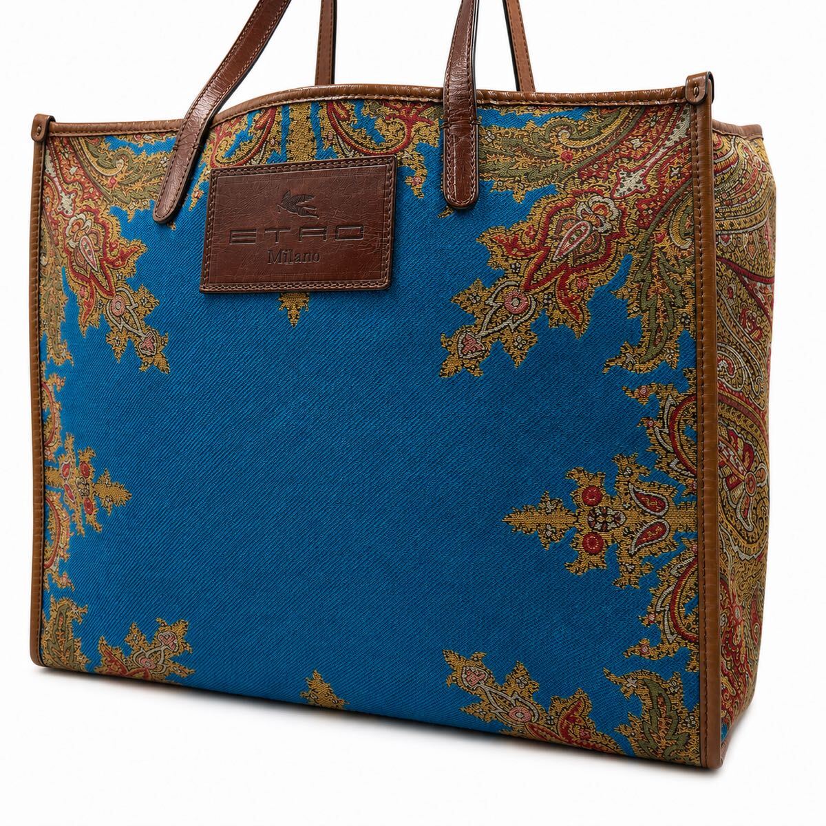 近年モデル/大容量●ETRO エトロ ペイズリー トートバッグ ジャガード メンズ ビジネス A4 PC ブルー 青 レザー 肩掛け イタリア ペガサス拍卖