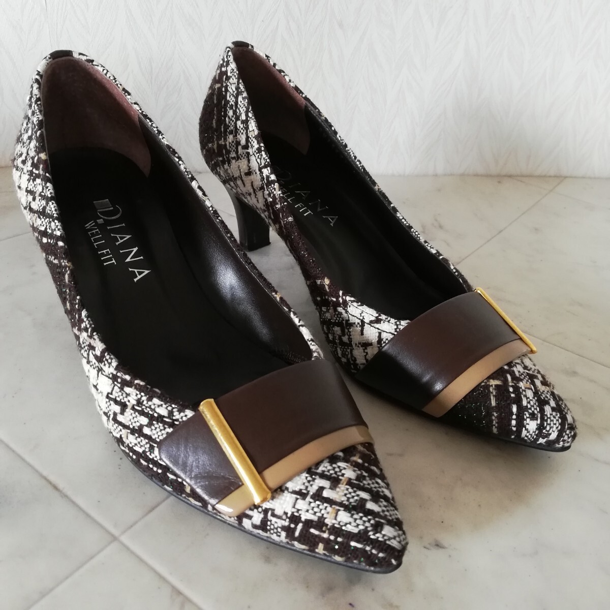 138/美品!!DIANA WELLFIT ダイアナ 本革ツイードパンプス 23cm拍卖