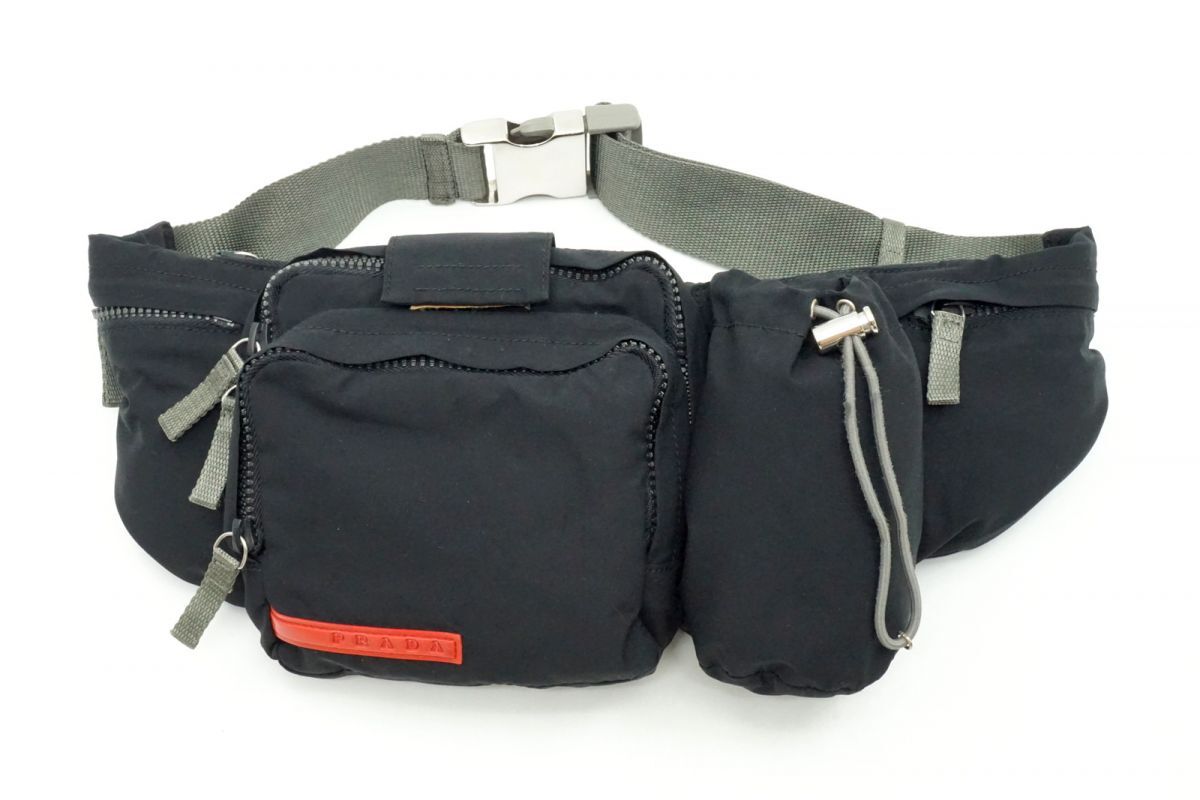 プラダ スポーツ ウエストポーチ ボディ ベルト バッグ 4VA056 レッドライン シルバー金具 Unisex ナイロン 黒 ブラック PRADA SPORT 6940h拍卖