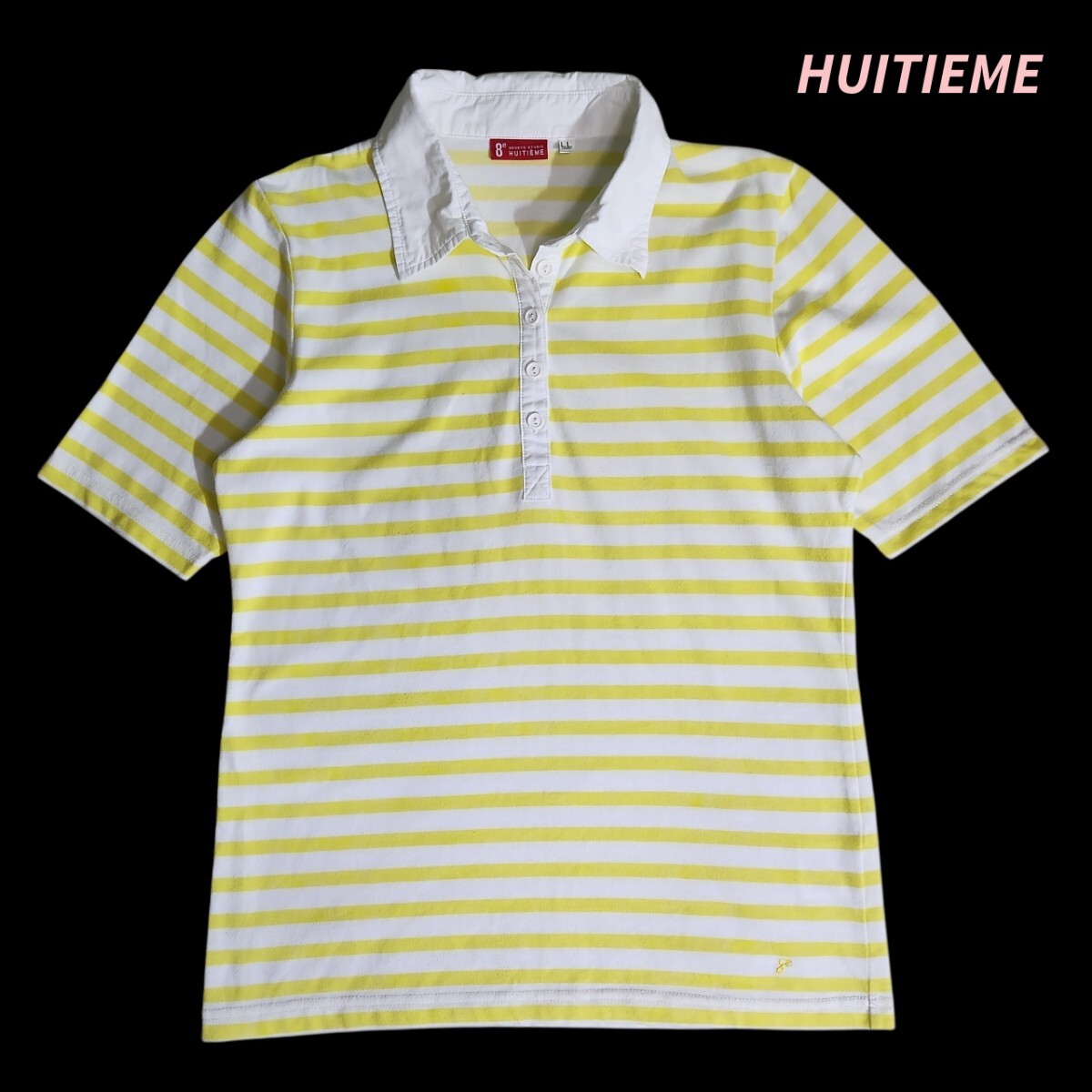 デサント HUITIEME ボーダー柄 半袖ポロシャツ XL レモンイエロー&白 Tシャツと同じ生地 DESCENTE 85651拍卖