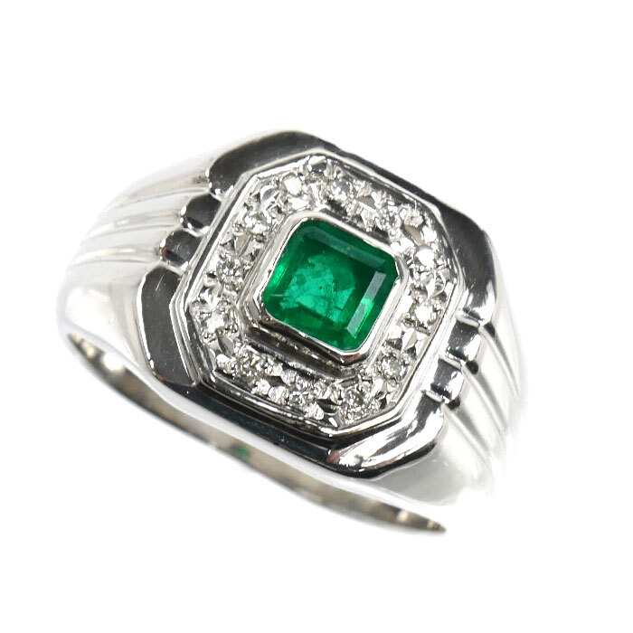 Pt900プラチナ リング・指輪 エメラルド0.47ct ダイヤモンド0.08ct 18号 15.2g メンズ 中古 美品拍卖